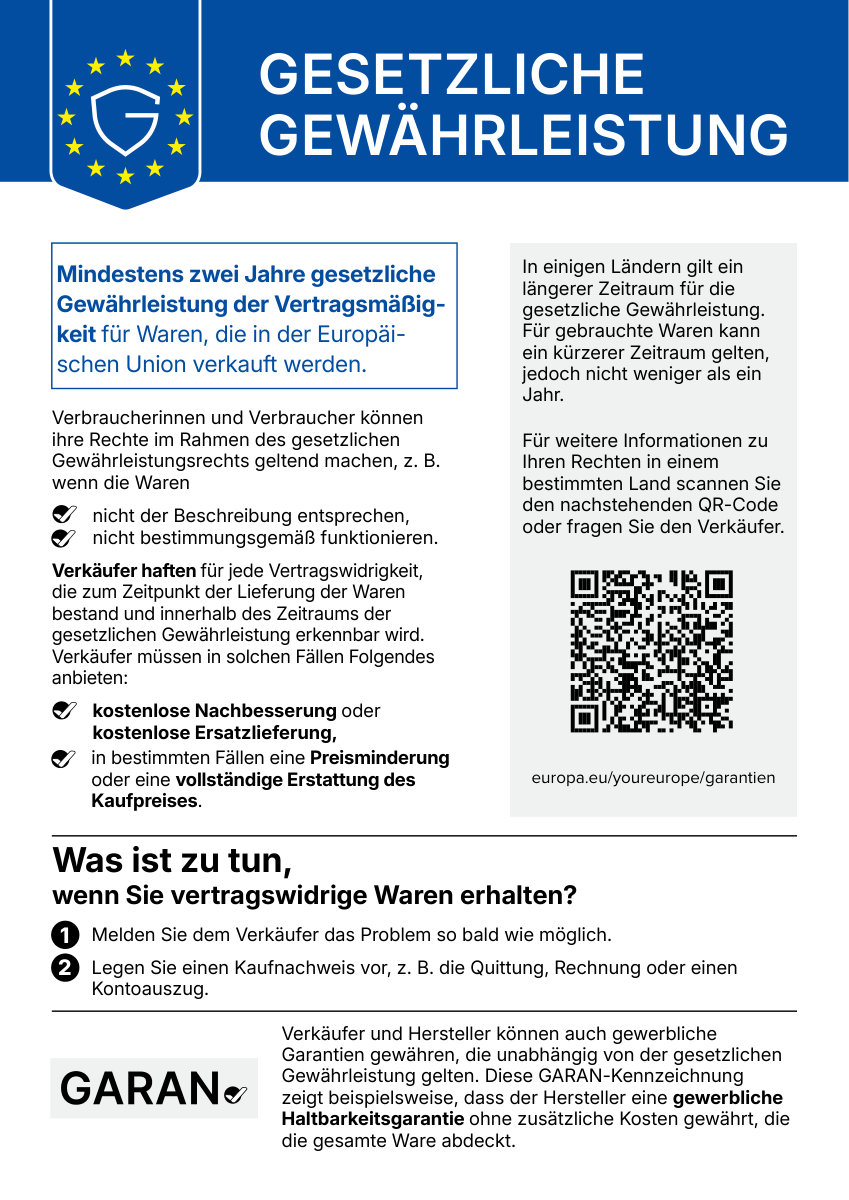 Harmonisierter Hinweis zur gesetzlichen Gewährleistung